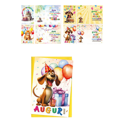 Biglietti augurali animali cuccioli ED0432 cani gattini palloncini torte colorate 12pz