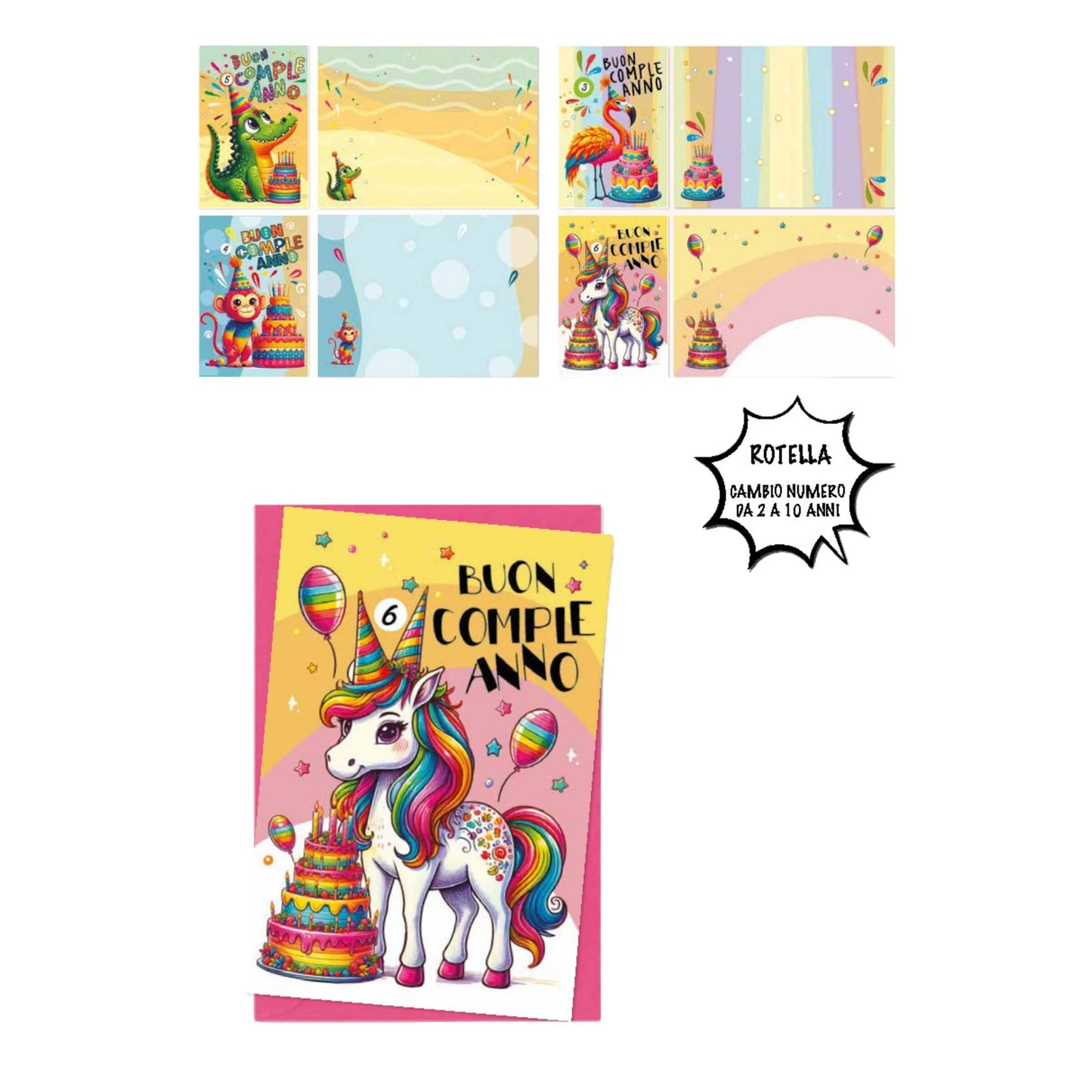 ED0527 BIGLIETTI AUGURALI ANIMALI COLOR CON RUOTA NUMERI 2-10 ANNI (12PZ)