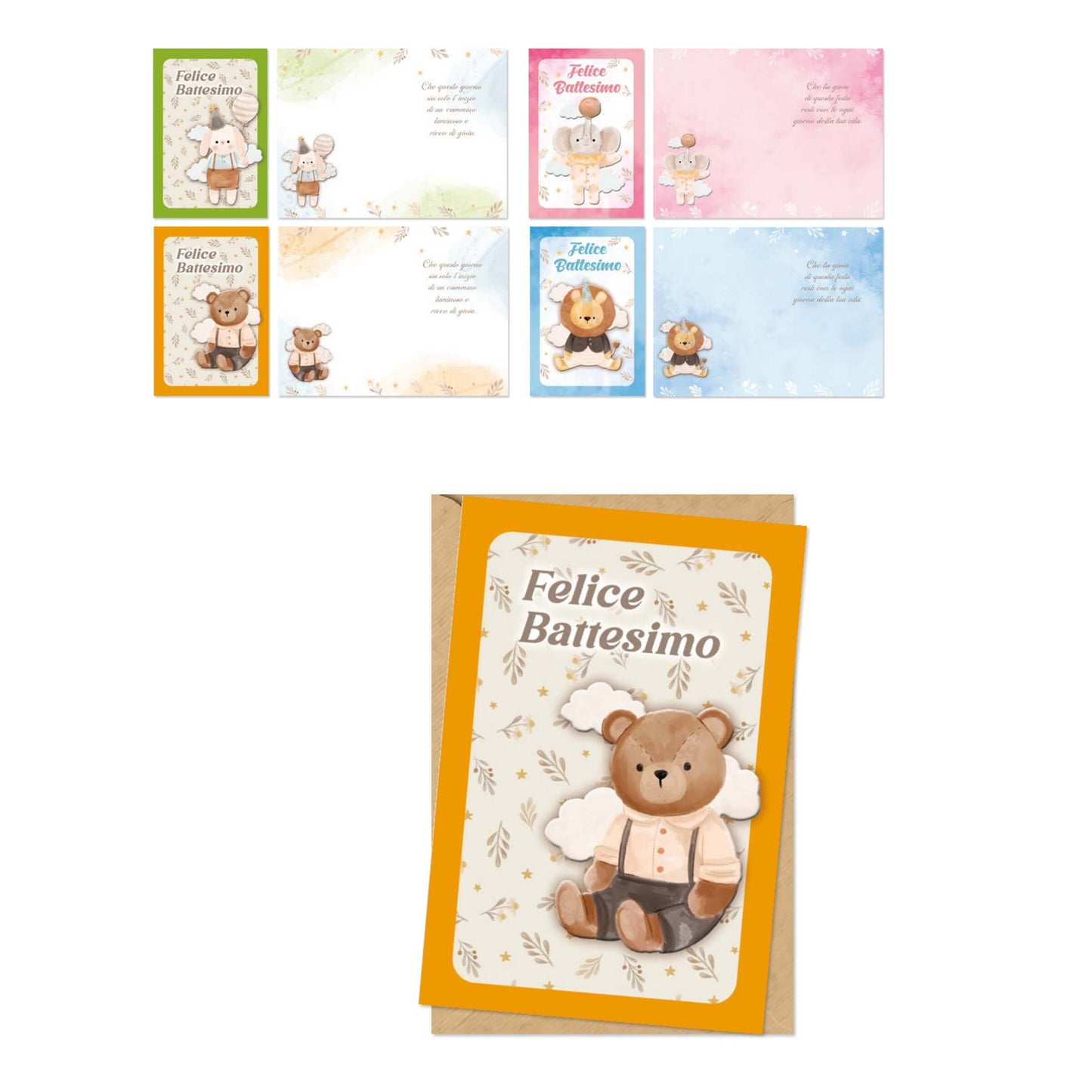 ED0524 ED0622 BIGLIETTI FELICE BATTESIMO CON STAMPA A CALDO E APPLICAZIONE POP UP (12PZ)