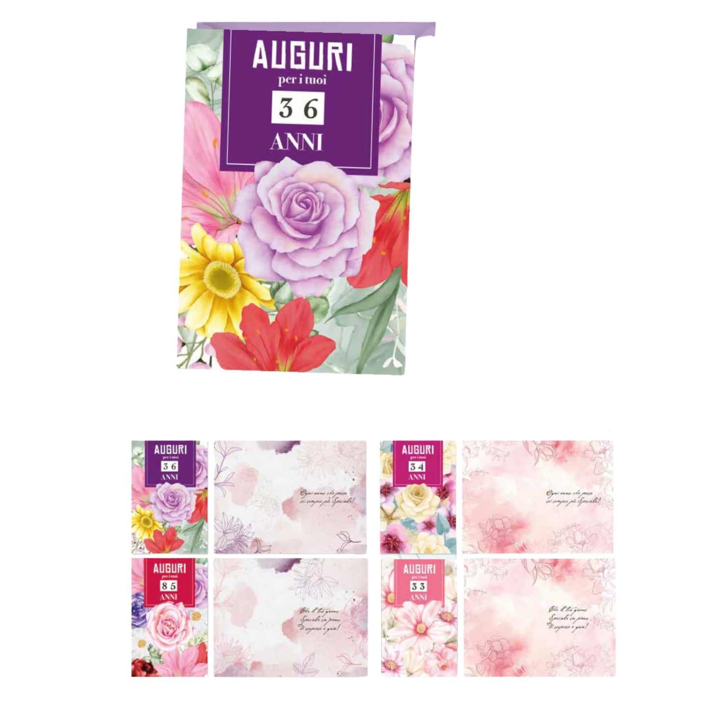 ED0552 BIGLIETTI AUGURALI FIORI CON RILIEVO A SECCO E RUOTA NUMERI 1-99 ANNI (12PZ)