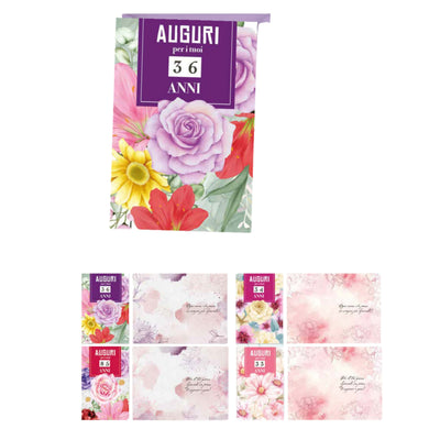 ED0552 BIGLIETTI AUGURALI FIORI CON RILIEVO A SECCO E RUOTA NUMERI 1-99 ANNI (12PZ)
