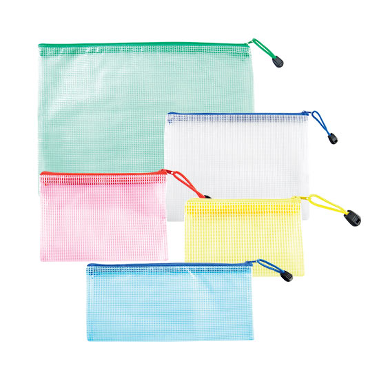 Buste trasparenti colorate A5 in polipropilene con chiusura a zip in 5 colori assortiti