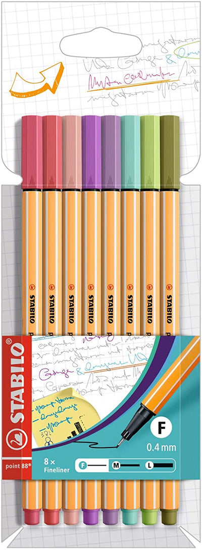 8 PENNE STABILO POINT 88 COLORI PASTELLO - PUNTA F - 0,4mm