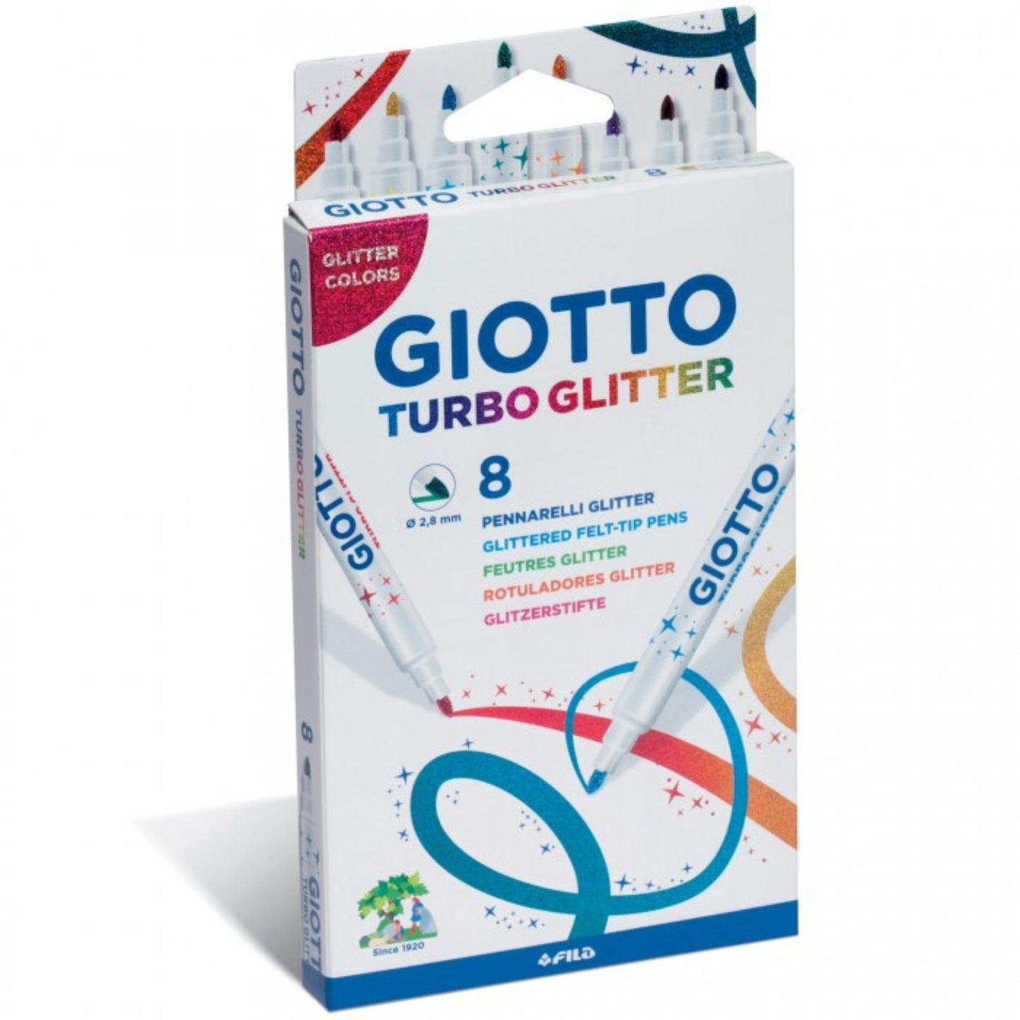 Dettaglio pennarello Giotto Turbo Glitter con punta fine 2,8mm e colori glitter su carta