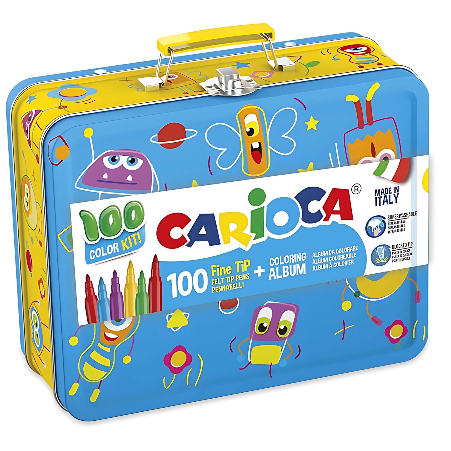 Carioca valigetta metallo aperta con 100 pennarelli fine tips assortiti