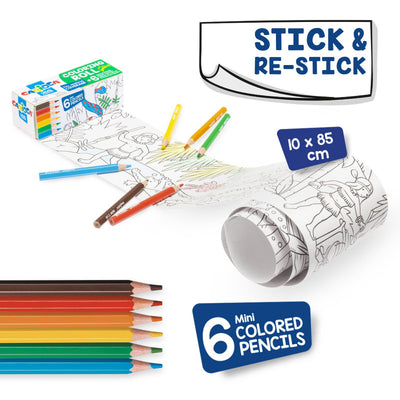 Carioca Mini Coloring Roll Bianco rotolo carta adesiva 85x10 cm con 6 matite colorate