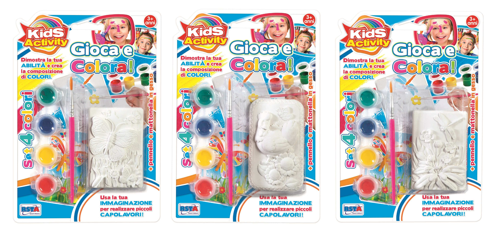 Kids Activity Gioca e Colora kit 4 colori bambini composizioni farfalle galli fiori