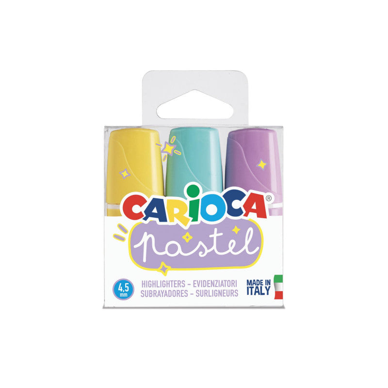 Scatola 3 evidenziatori mini Carioca Memolight pastello lavabile punta scalpello 5mm Made in Italy