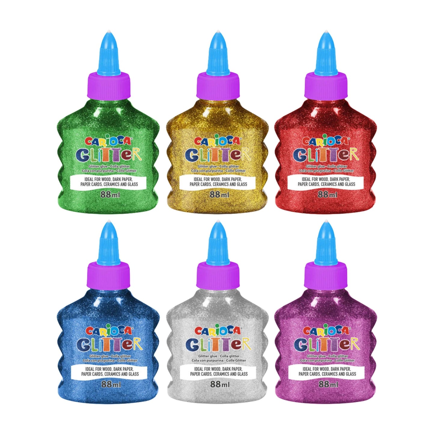 Carioca Glitter Glue Spark 88 ml bottigliette 6 colori argento oro blu rosso verde viola