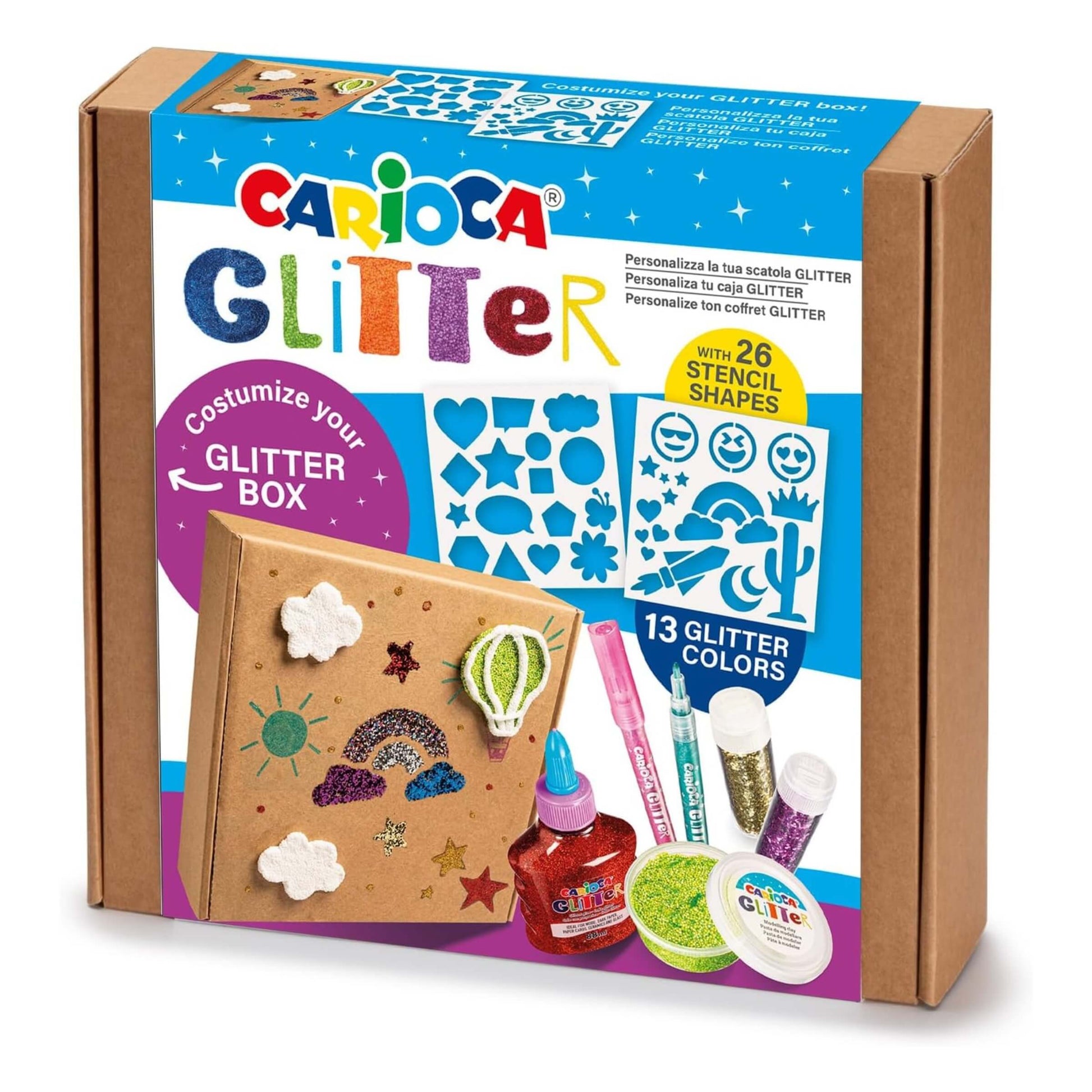 Set creativo glitter Carioca con 2 bottigliette colla 88ml e accessori brillantini