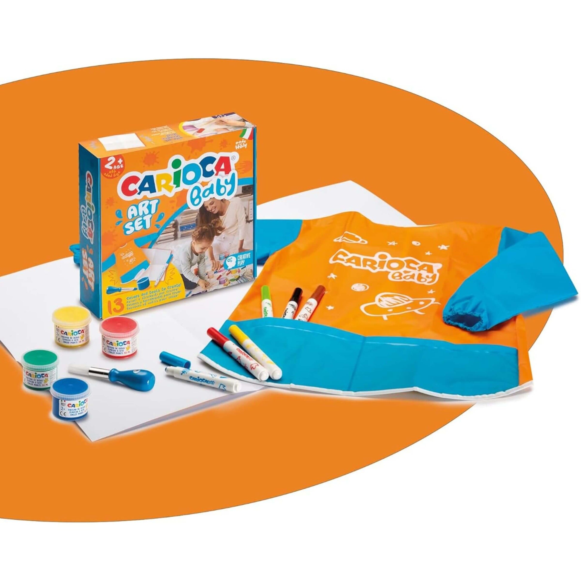 Dettaglio contenuto Baby Art Set Carioca: pennarelli colorati, tempere a dita e grembiule per bambini