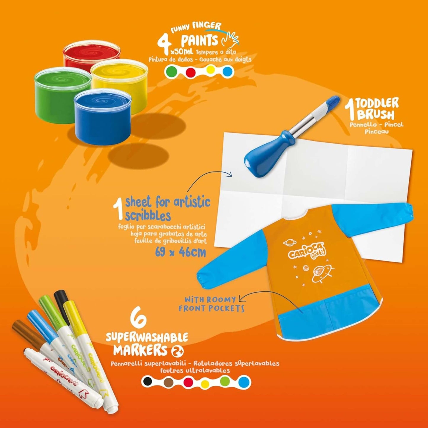 Baby Art Set Carioca 2+ con Grembiule, Pennarelli, Tempere a Dita e Accessori Creativi