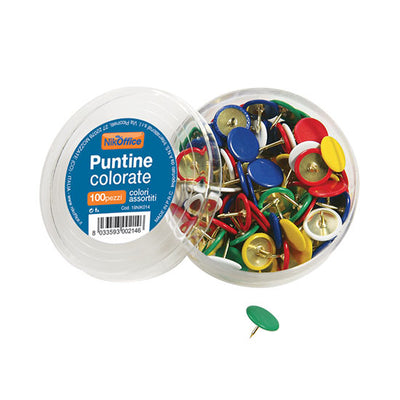 Scatola 100 puntine colorate assortite con testa plastificata - per ufficio e casa