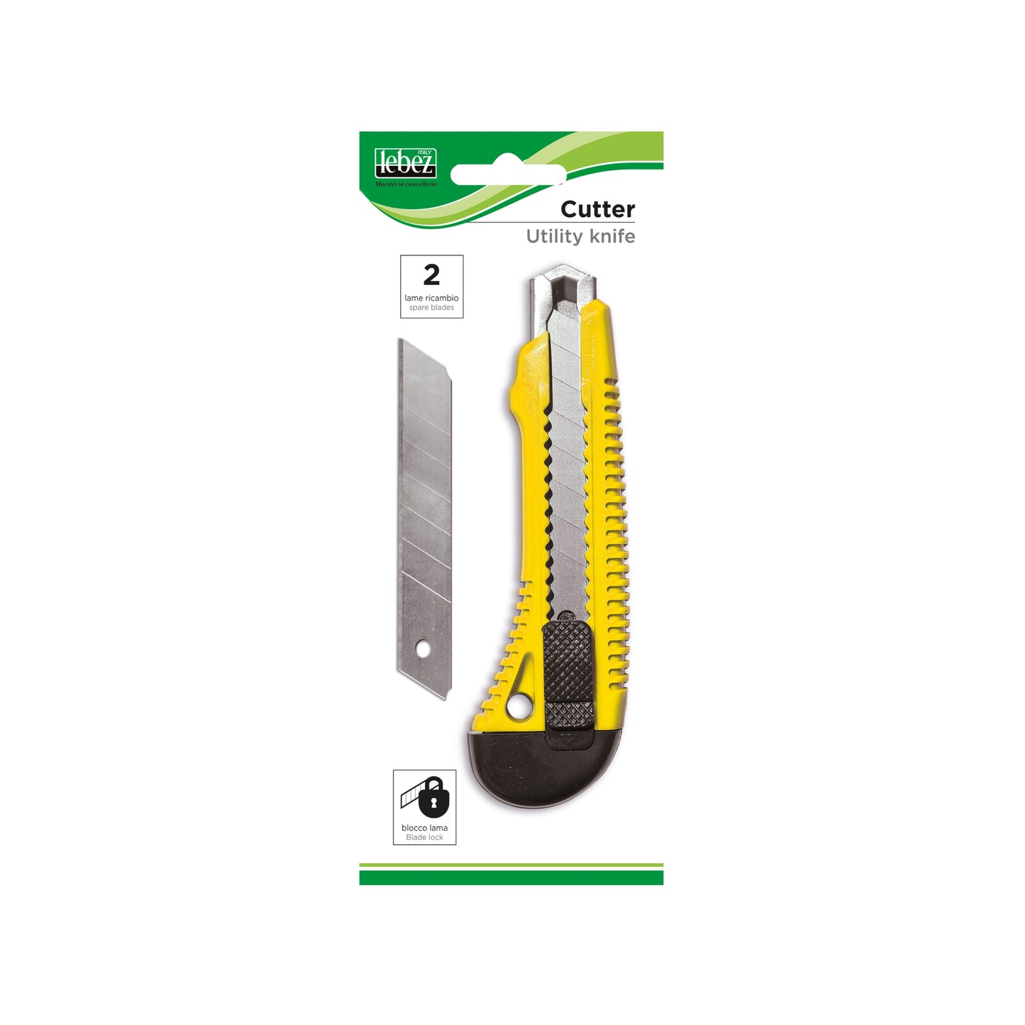 CUTTER LEBEZ IN BLISTER 18 mm CON BLOCCA LAMA A SCATTO E GUIDA IN METALLO
