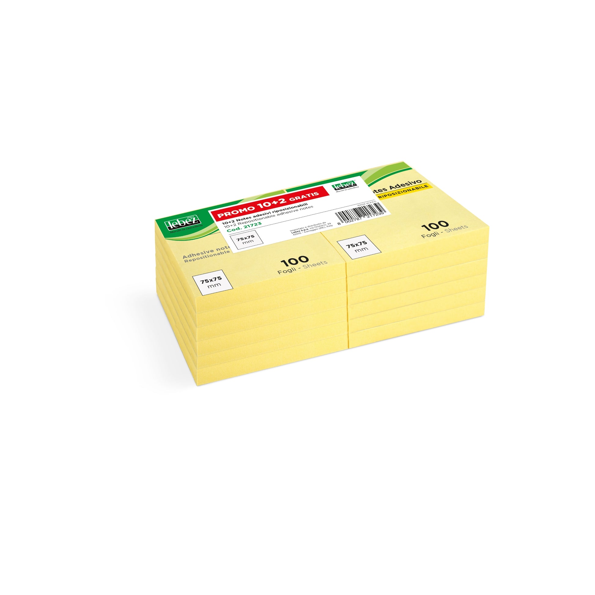 Biglietti Adesivi Memo Stick Lebez 75x75 mm giallo, 12 blocchi da 100 fogli con adesivo riposizionabile