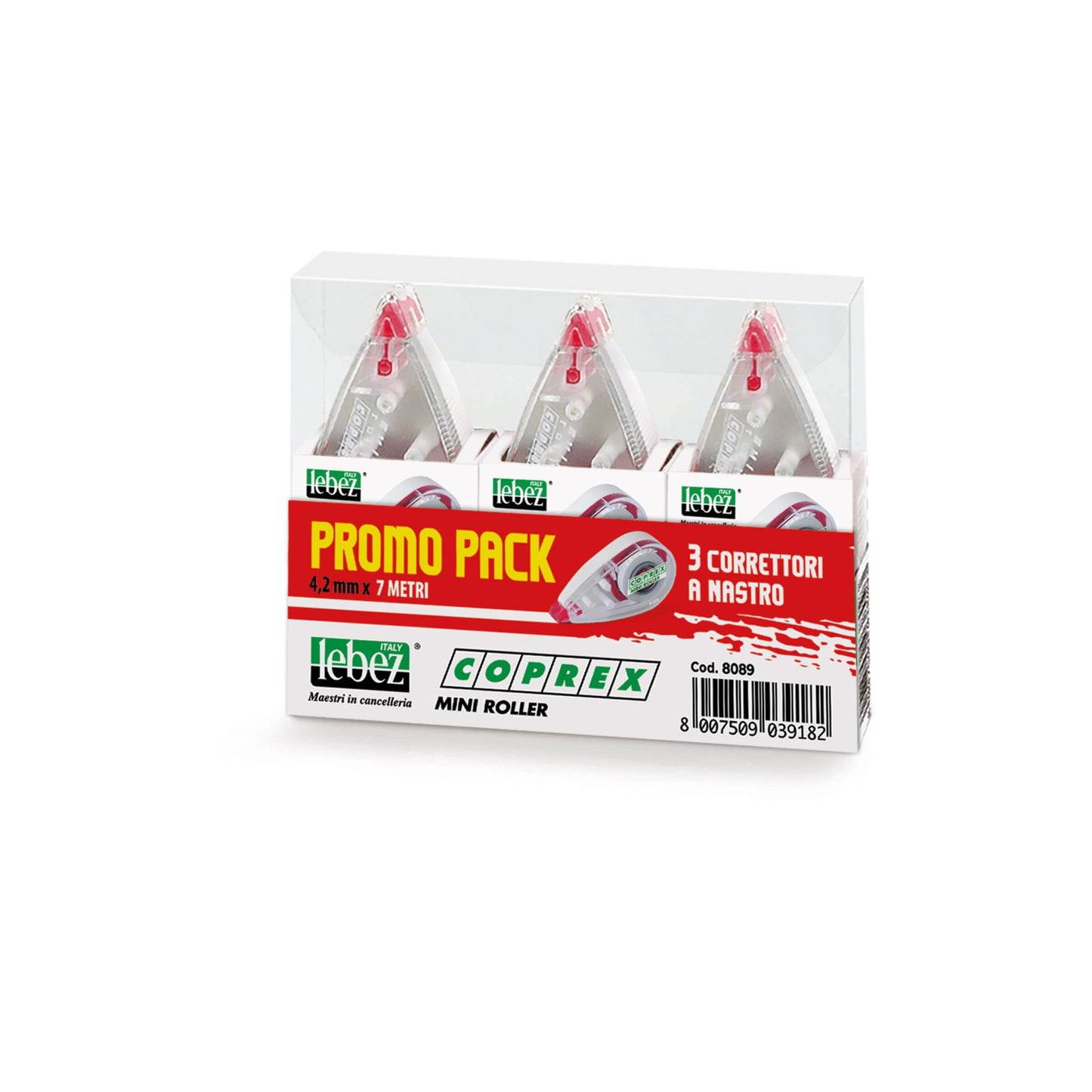 Correttore a nastro Lebez Coprex Mini Roller 4,2mm x 7m, scatola da 3 pezzi