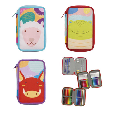 Astuccio scuola 3 zip Carioca Animals con pennarelli, matite colorate e accessori inclusi