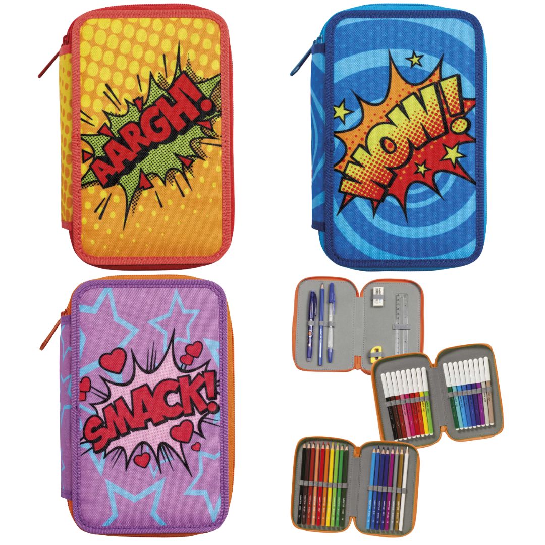 Astuccio scuola 3 zip Carioca Comics con pennarelli, matite colorate e accessori inclusi