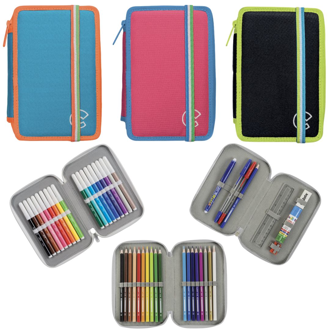 Astuccio scuola 3 zip Carioca Fluo con pennarelli fluorescenti, matite e accessori inclusi