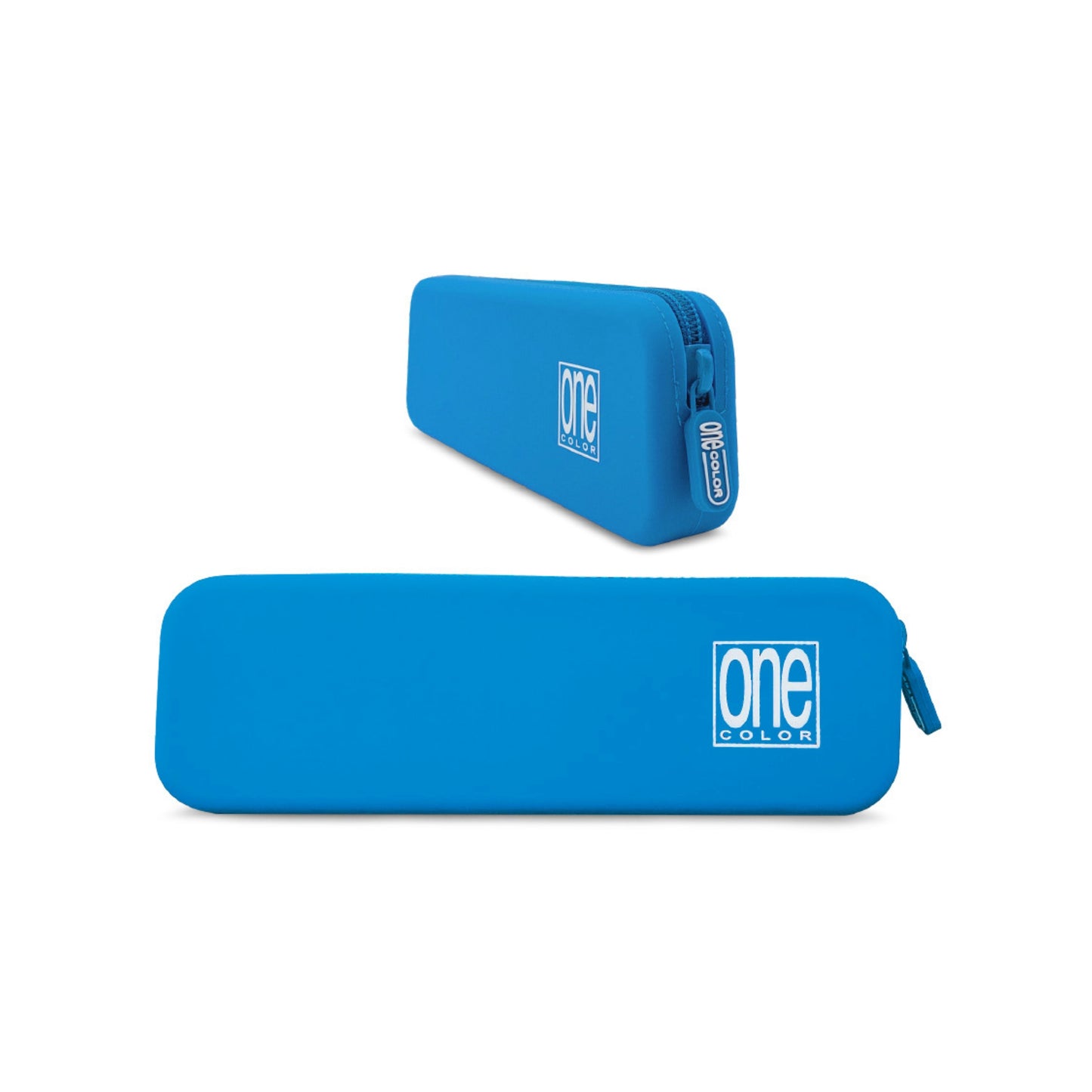 Astuccio slim One Color Spring azzurro in silicone con zip coordinata, profilo sottile vista frontale