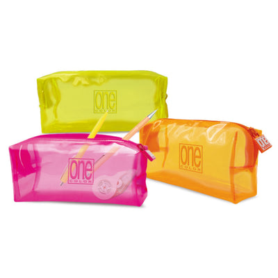 Dettaglio zip e texture astuccio One Color Neon arancio fluorescente