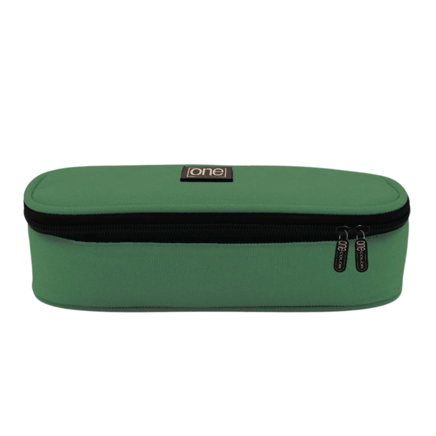 Astuccio tondo One Color Strong Round verde in poliestere 900D Oxford con zip, vista frontale
