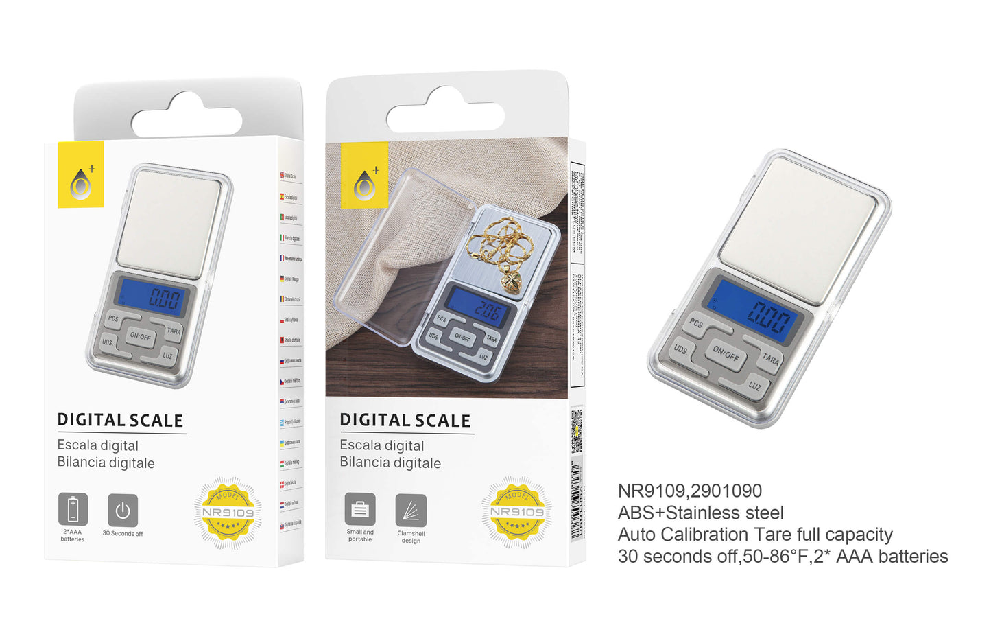 Bilancia digitale argento NR9109 con funzione tara e conteggio, risoluzione 0,01 g, calibrabile