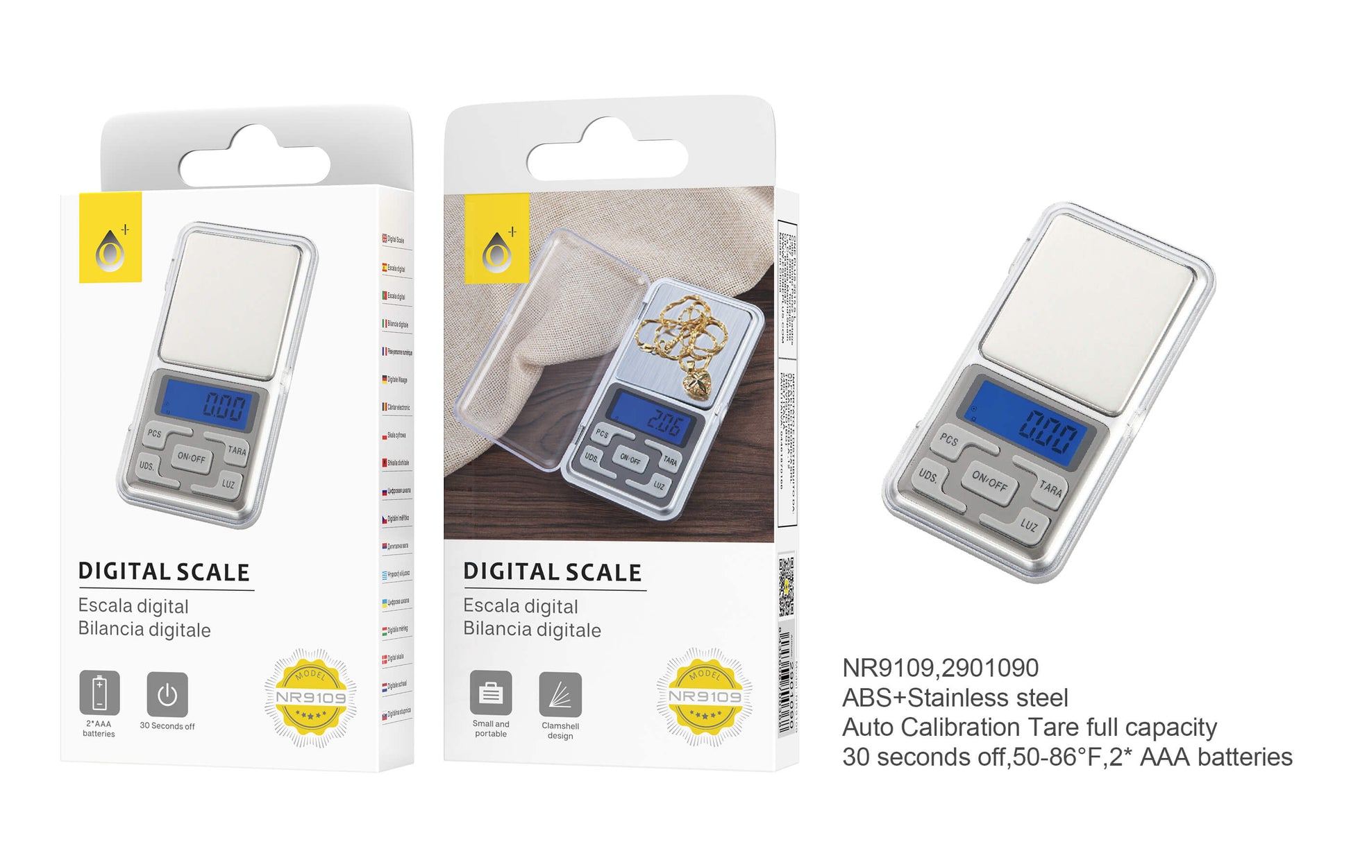 Bilancia digitale argento NR9109 con funzione tara e conteggio, risoluzione 0,01 g, calibrabile