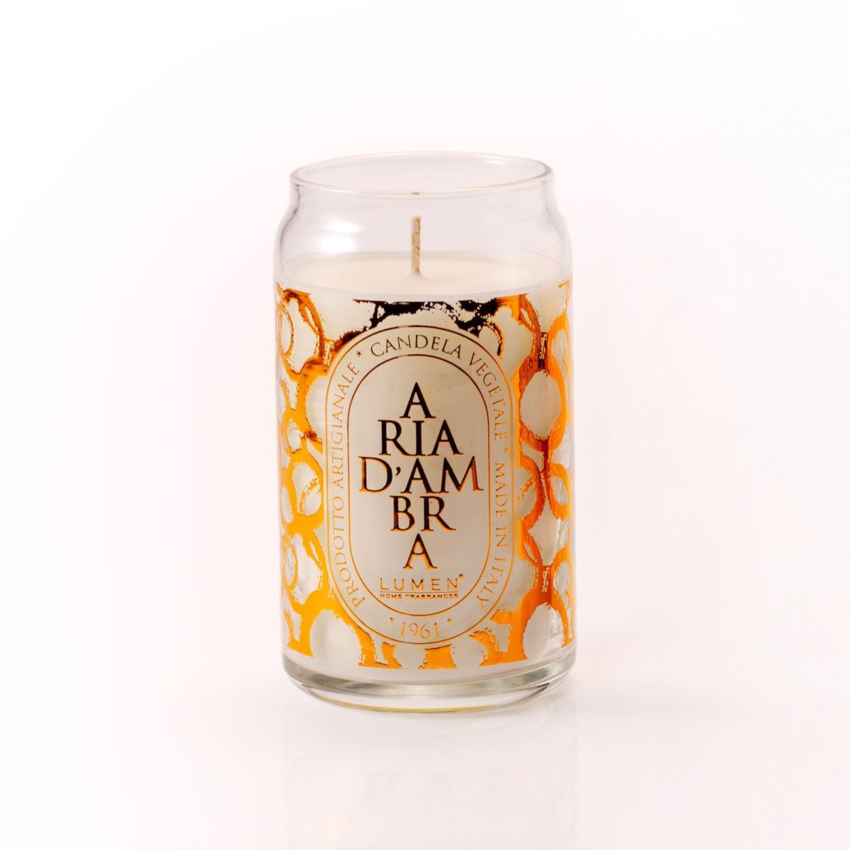 Dettaglio giara vetro candela Lumen Aria d'Ambra 300 ml profumazione orientale passionale