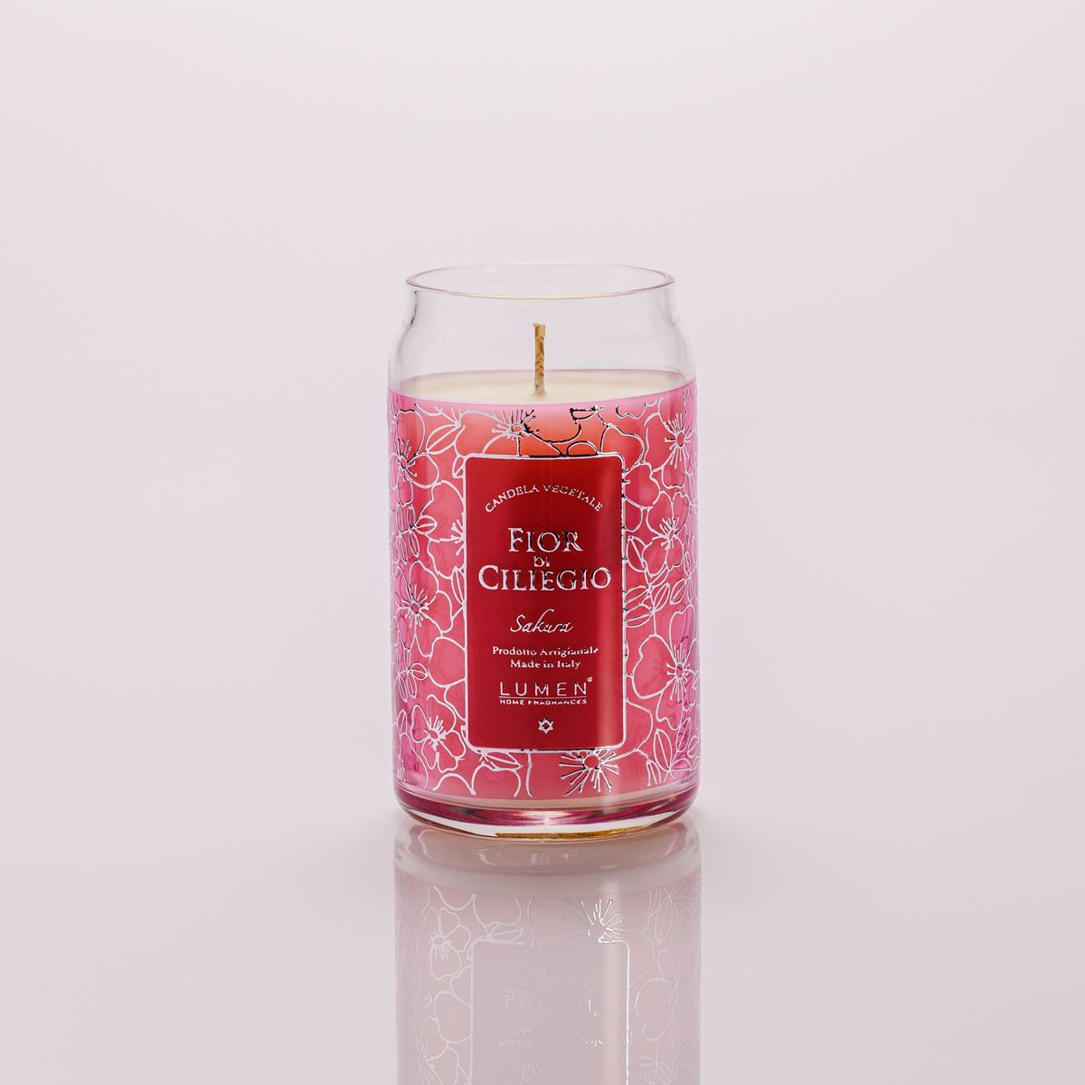Dettaglio serigrafia candela Lumen Sakura 300 ml profumazione floreale e legnosa