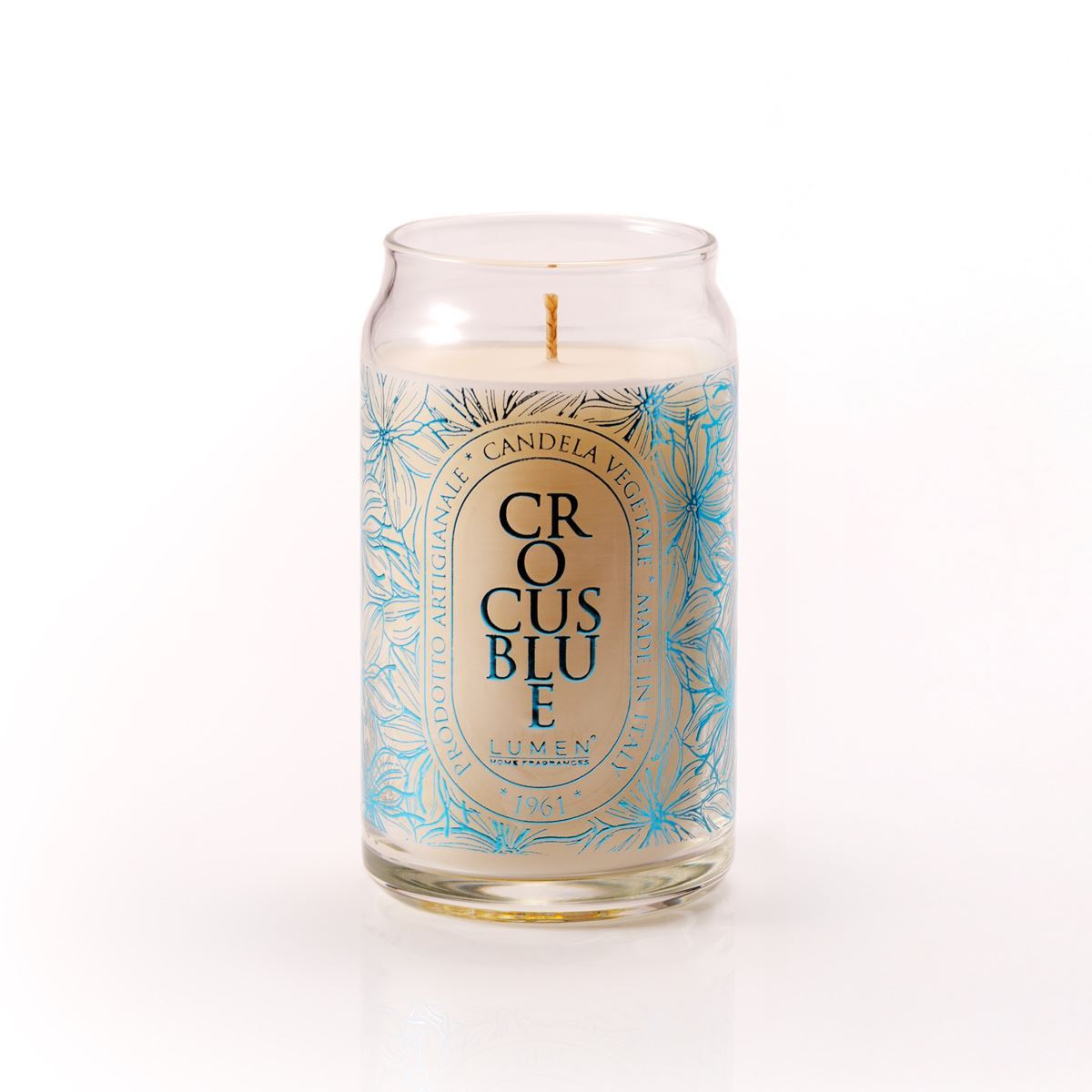 Dettaglio giara vetro candela Lumen Crocus Blue 300 ml nota speziata zafferano