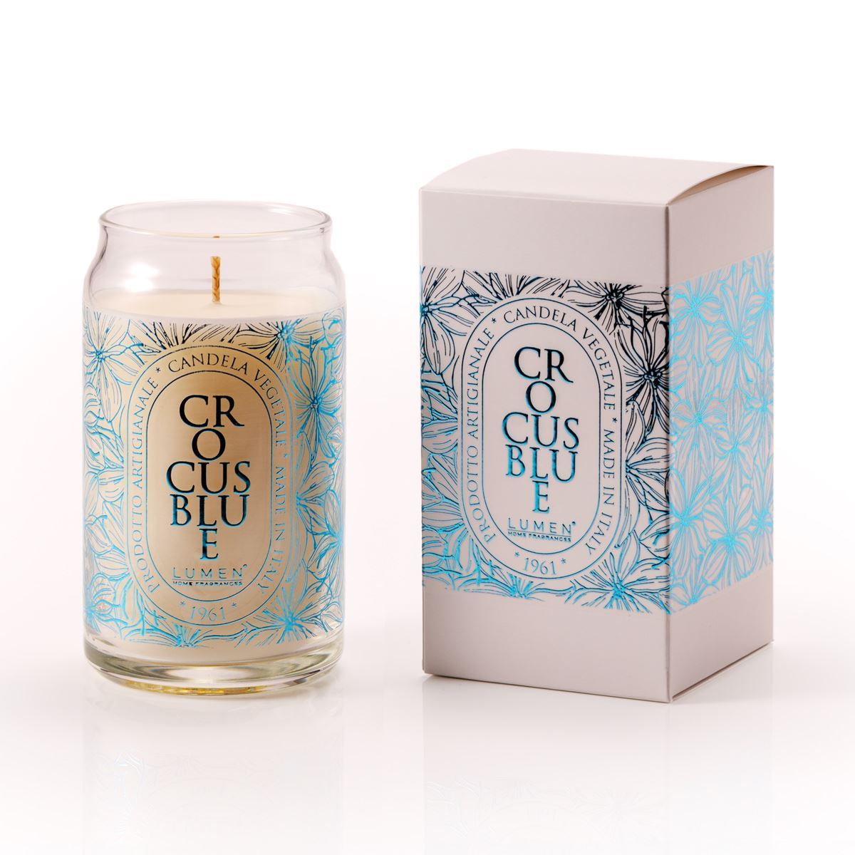 Candela vegetale Lumen Crocus Blue 300 ml in giara vetro, profumazione gelsomino e zafferano