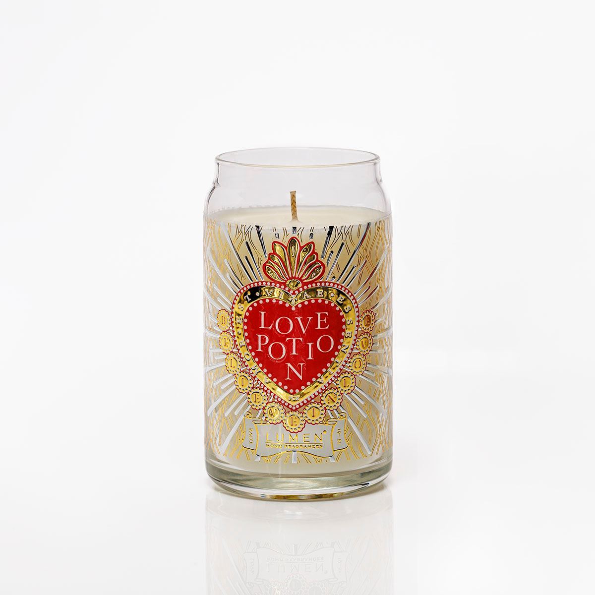 Dettaglio giara vetro candela Lumen Love Potion 300 ml profumazione caramello vaniglia