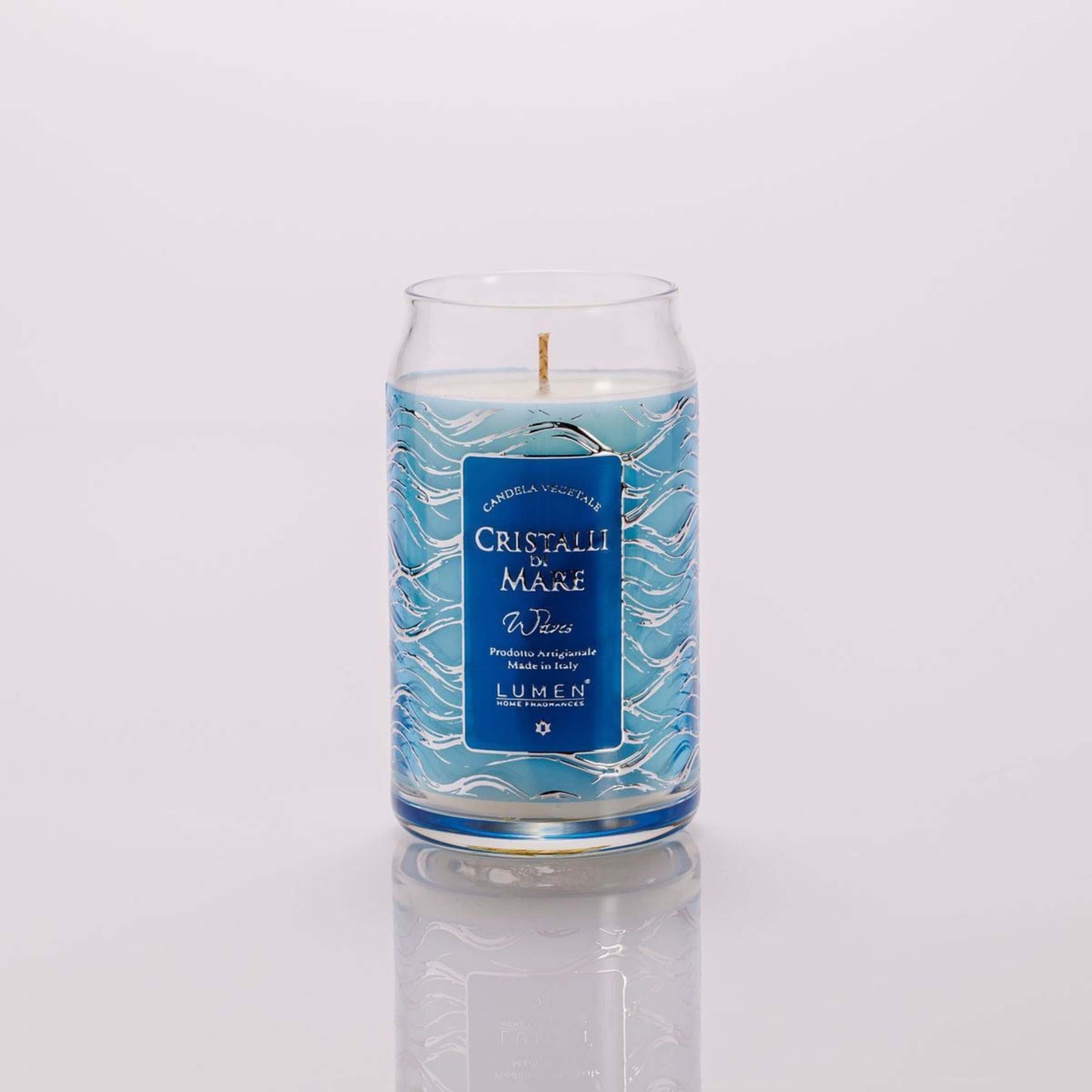 Dettaglio giara vetro candela Lumen Cristalli di Mare 300 ml profumazione marina agrumata