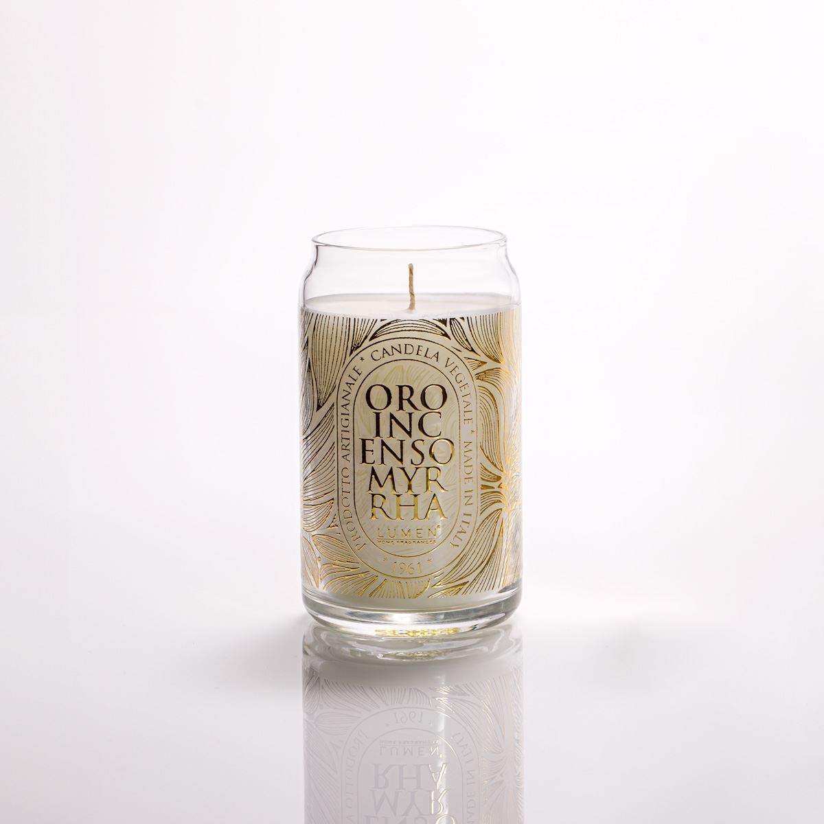 Dettaglio giara vetro candela Lumen Oro Incenso Myrrha 300 ml cera bianco naturale
