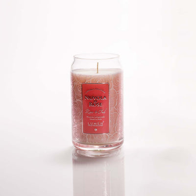 Dettaglio giara vetro candela Lumen Nuvola di Rose 300 ml fondo caldo legnoso