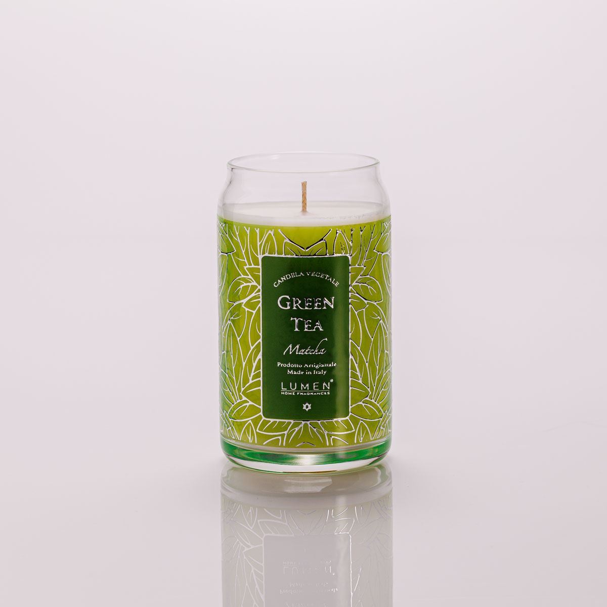 Dettaglio giara vetro candela Lumen Green Tea Matcha 300 ml profumazione fresca muschiata