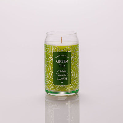 Dettaglio giara vetro candela Lumen Green Tea Matcha 300 ml profumazione fresca muschiata