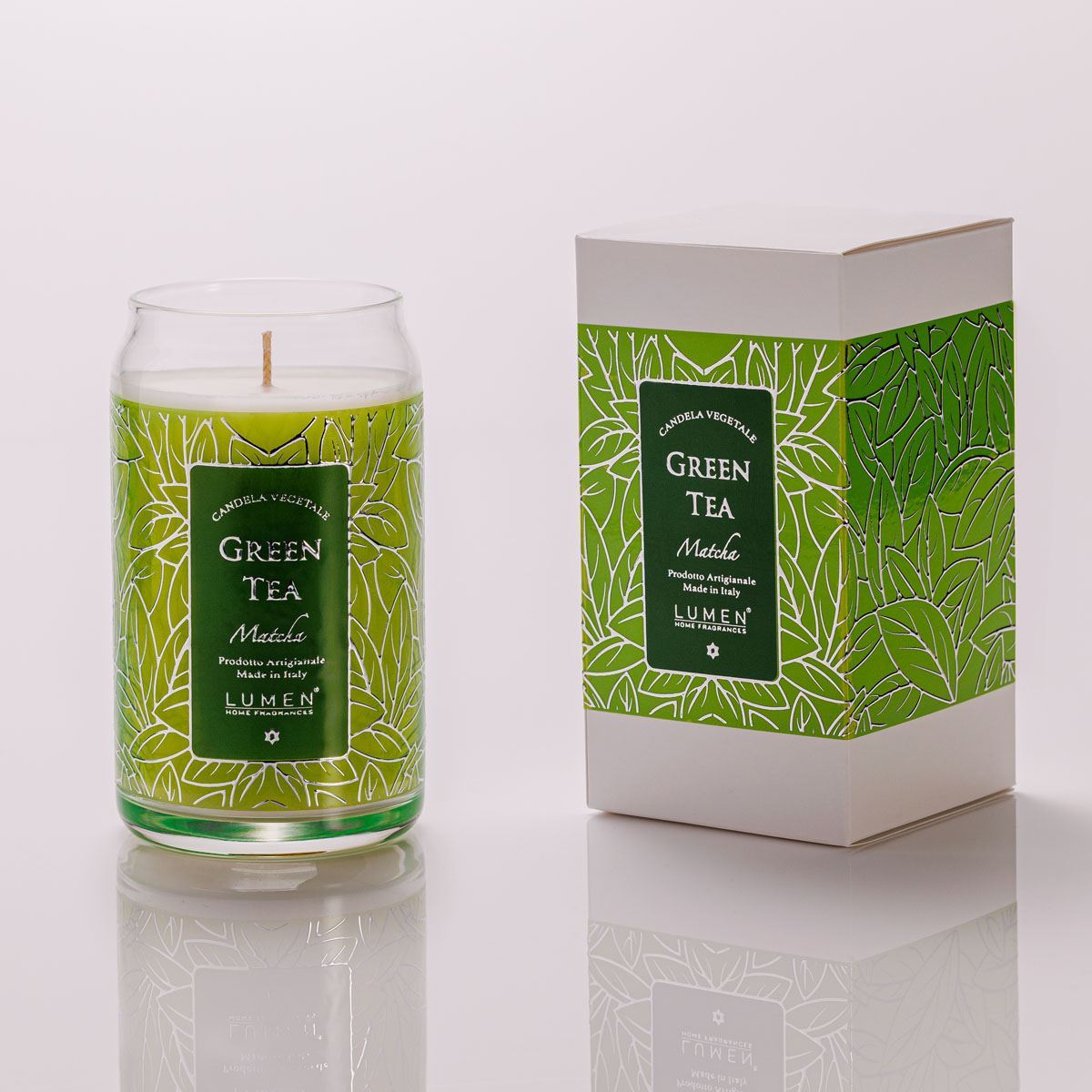 Candela vegetale Lumen Green Tea Matcha 300 ml in giara vetro 70x70x130 mm