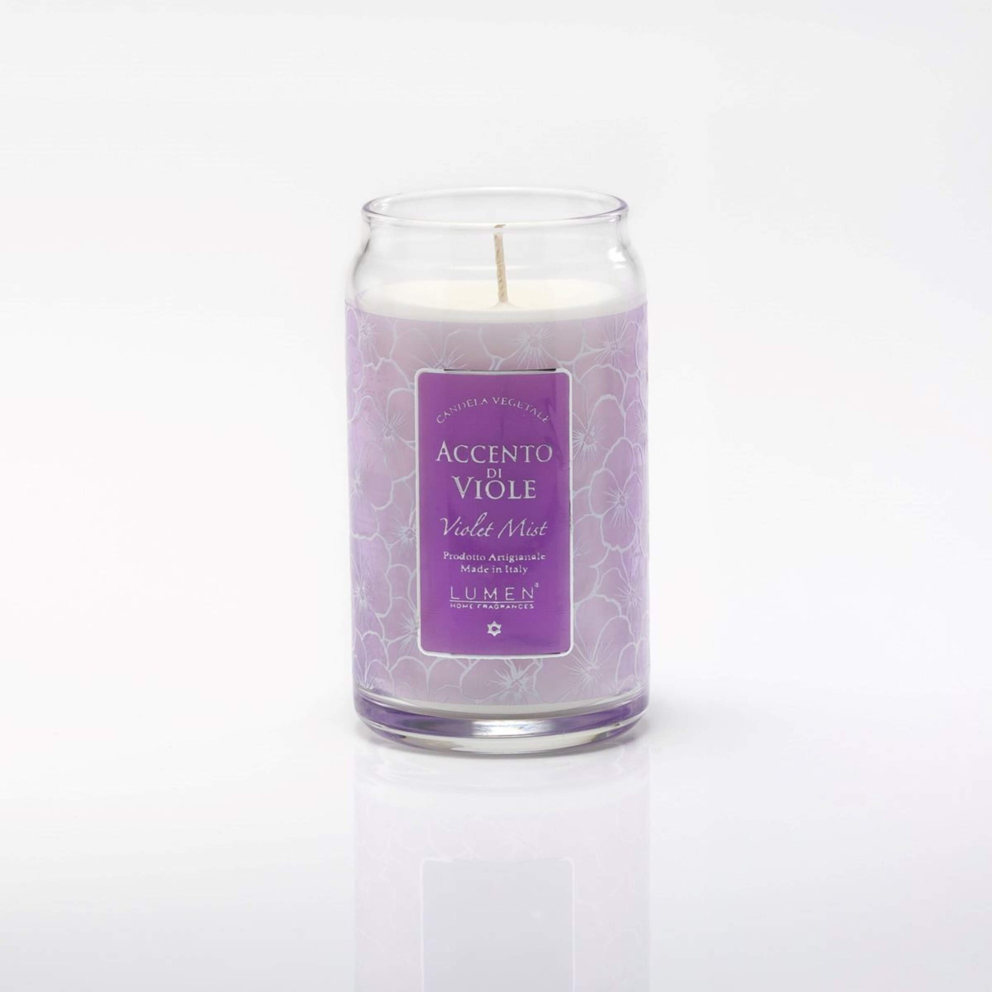Dettaglio giara vetro candela Lumen Accento di Viole 300 ml profumazione gourmand
