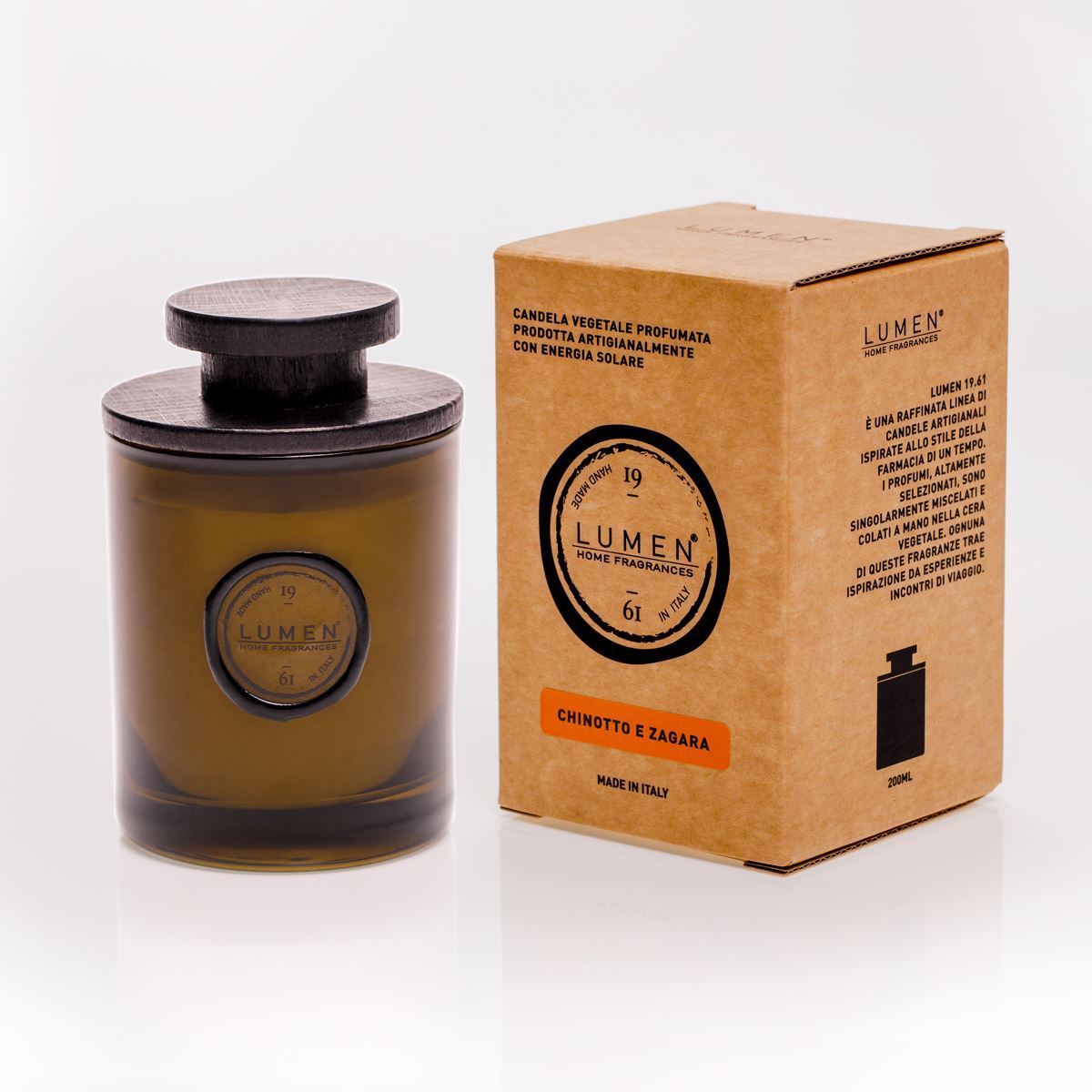 Candela vegetale Lumen 19.61 Chinotto e Zagara 200 ml in vetro con tappo legno