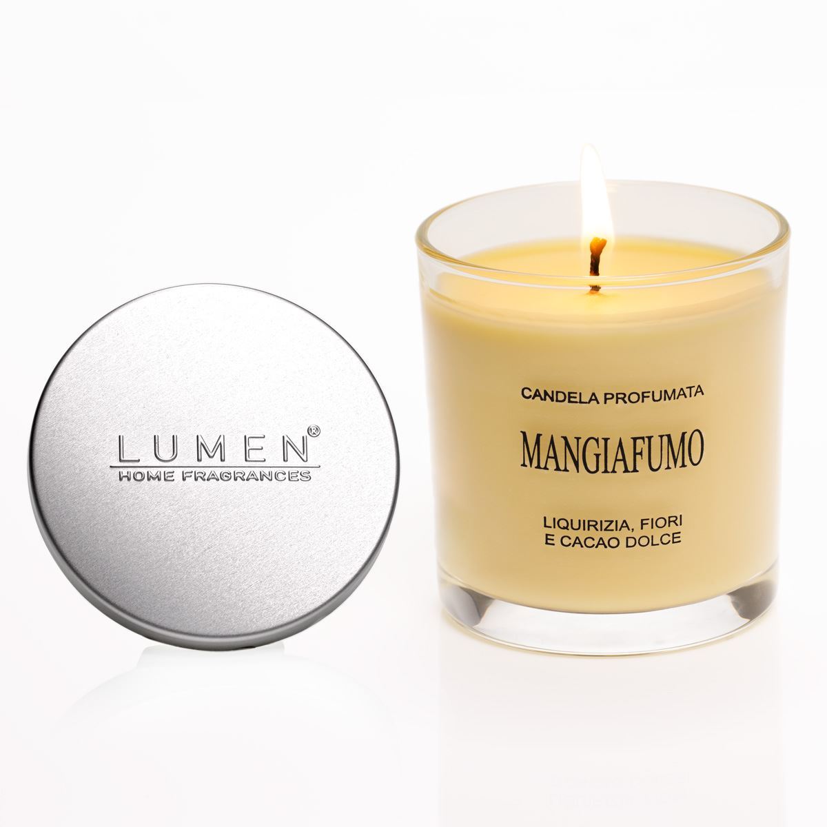Bicchiere Candela Mangiafumo Lumen 150 ml tappo alluminio, cera ocra profumazione liquirizia fiori e cacao