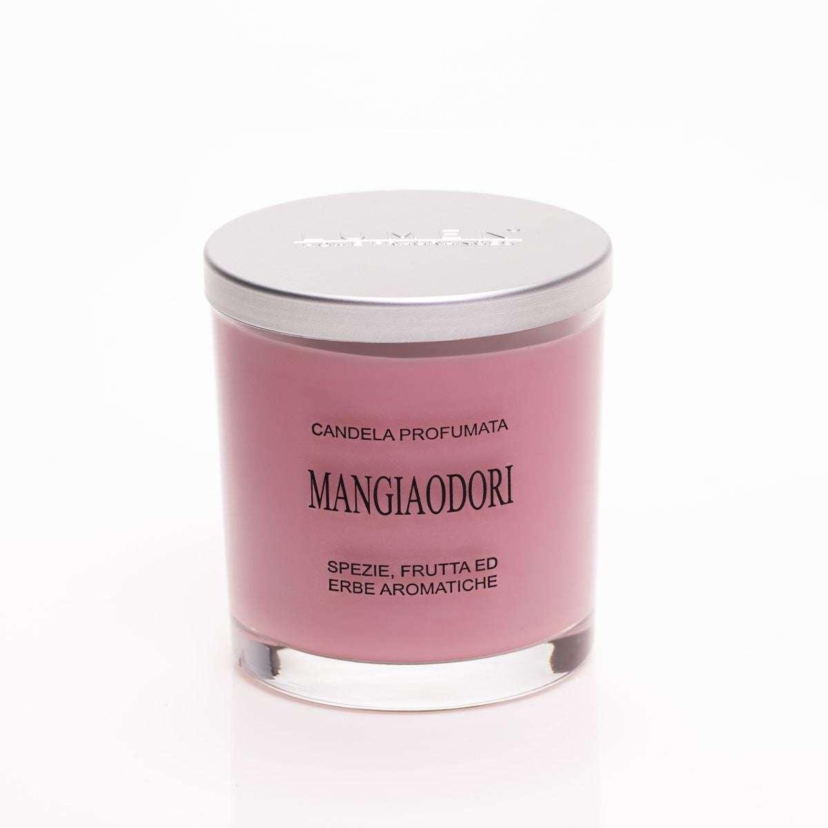 Candela Mangia Odori Lumen 150 ml dettaglio etichetta e tappo in alluminio, profumazione spezie ed erbe aromatiche
