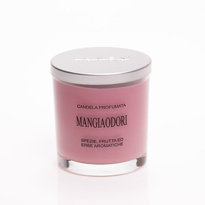 Candela Mangia Odori Lumen 150 ml dettaglio etichetta e tappo in alluminio, profumazione spezie ed erbe aromatiche