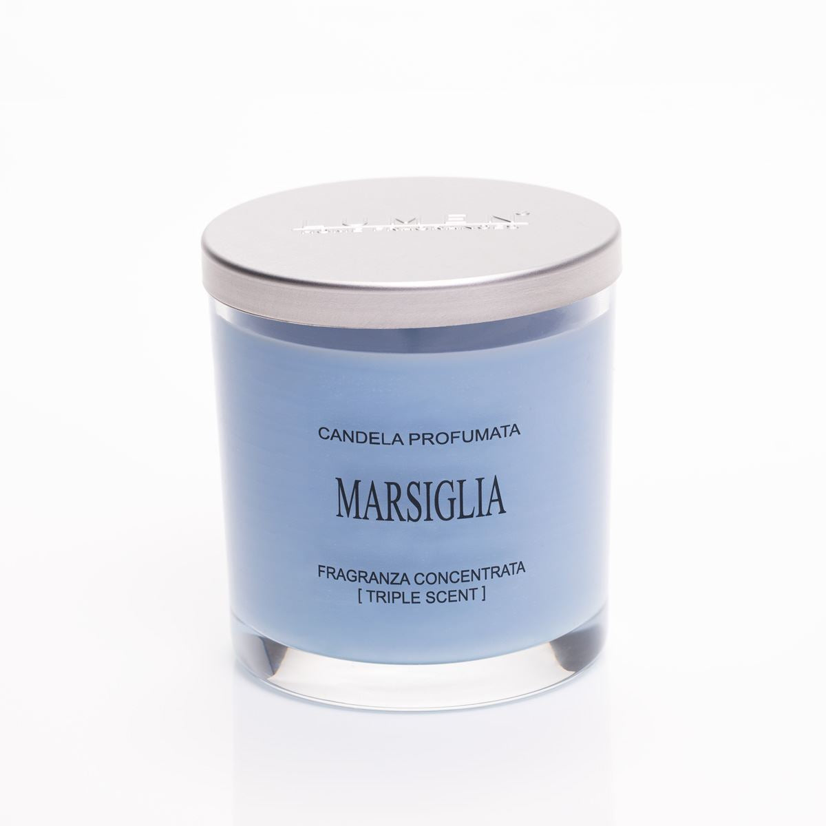 Candela Marsiglia Lumen 150 ml dettaglio etichetta e tappo, profumazione alloro lavanda e fiori d'arancio