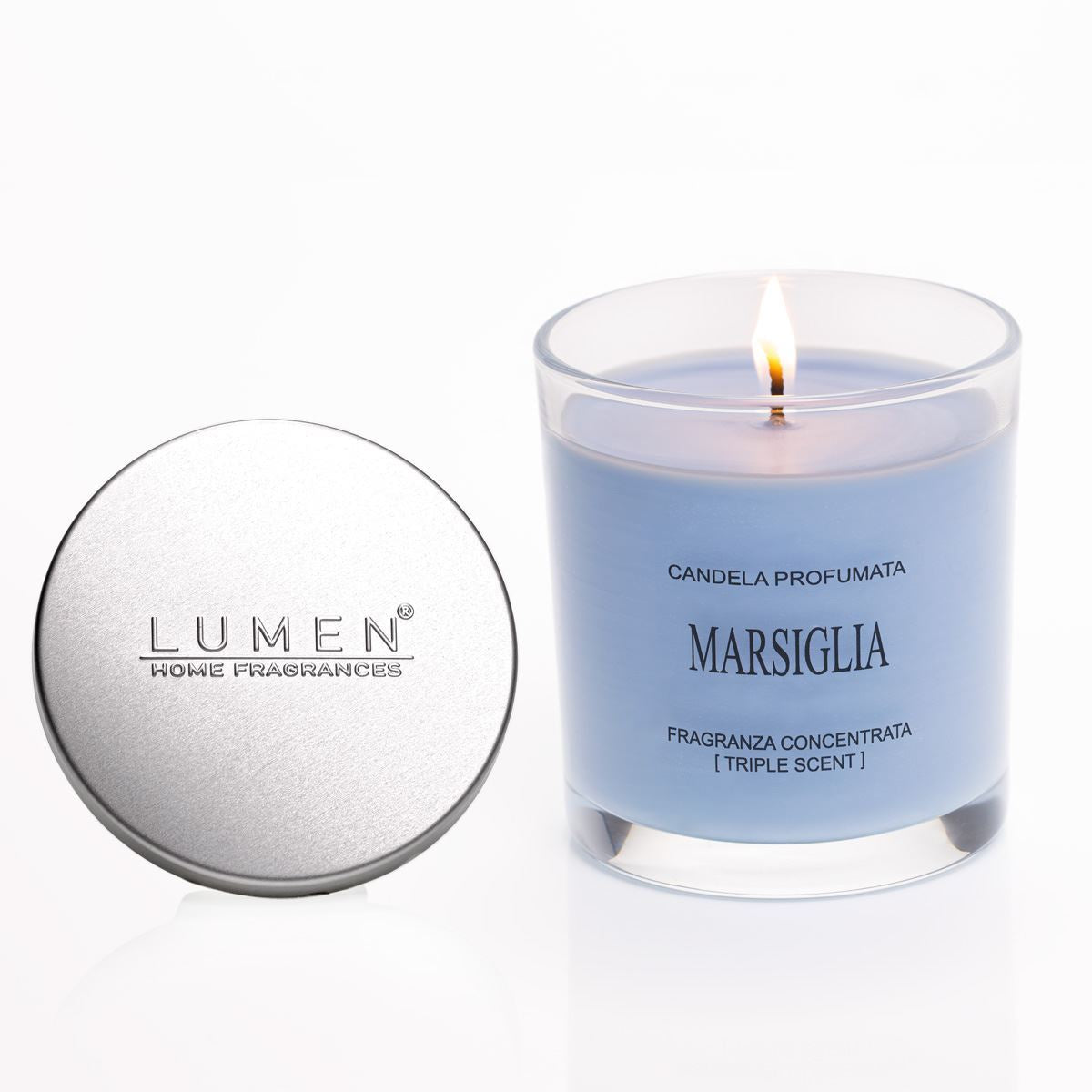 Bicchiere Candela Marsiglia Lumen 150 ml tappo alluminio, fragranza petitgrain fiori d'arancio alloro