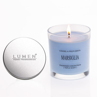 Bicchiere Candela Marsiglia Lumen 150 ml tappo alluminio, fragranza petitgrain fiori d'arancio alloro