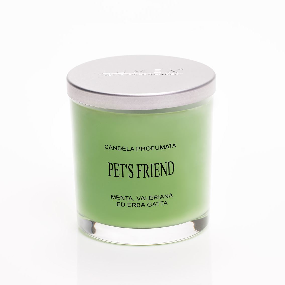 Candela Pet's Friend Lumen 150 ml dettaglio etichetta, fragranza menta valeriana ed erba gatta