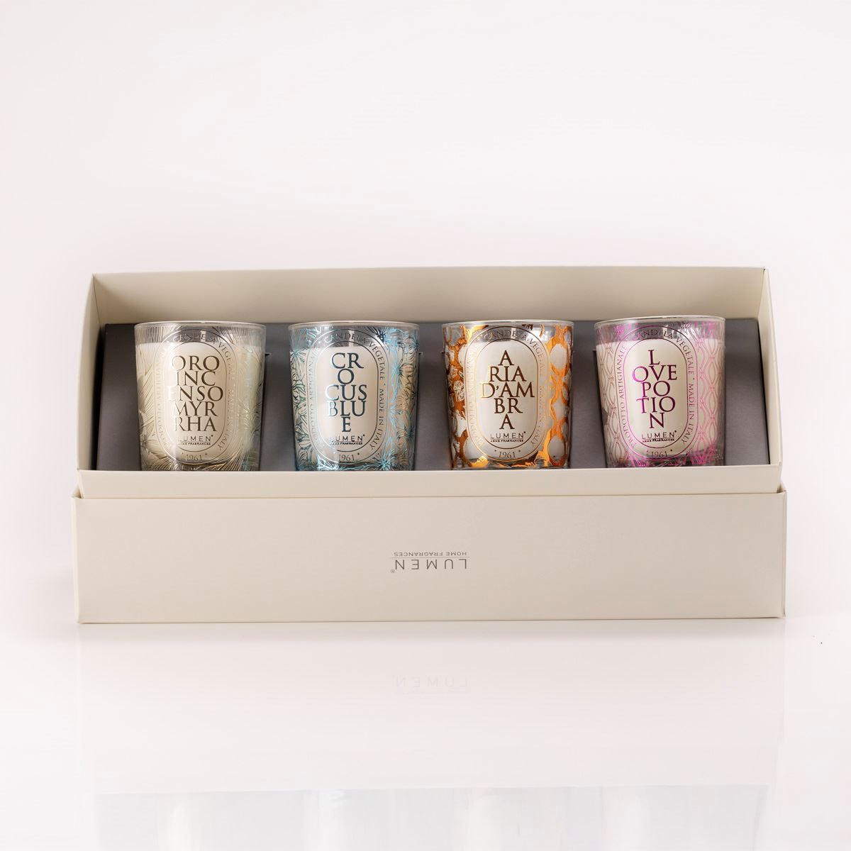 Mini candele profumate Lumen in vetro decorato, 4 fragranze assortite