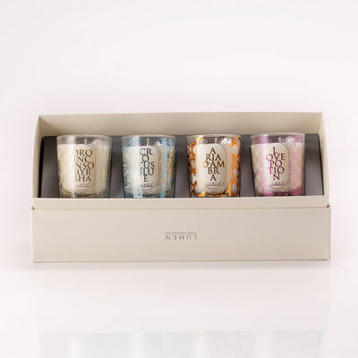 Mini candele profumate Lumen in vetro decorato, 4 fragranze assortite